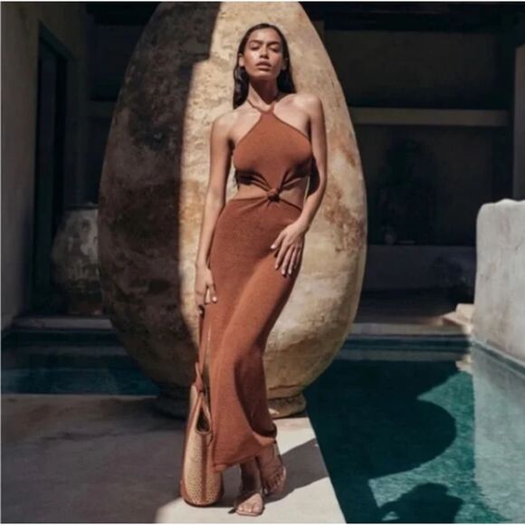 Cult Gaia Cameron Halter Knit Cutout Midi Dress in Amber Large Knotted Waist - Picture 1 of 14